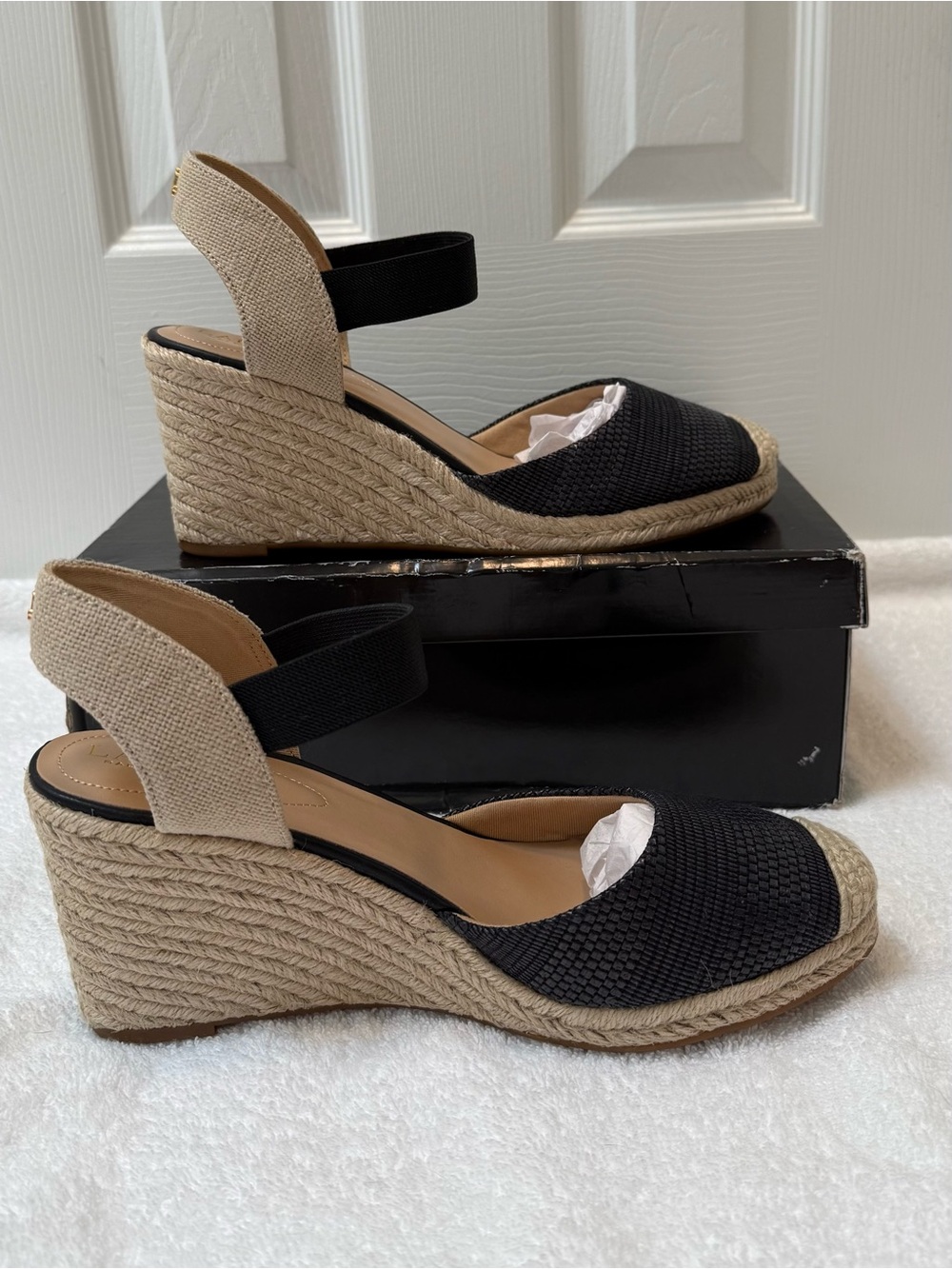 Ralph Lauren Black Espadrille Jute Wedge Sandals 10 designer quiet luxury